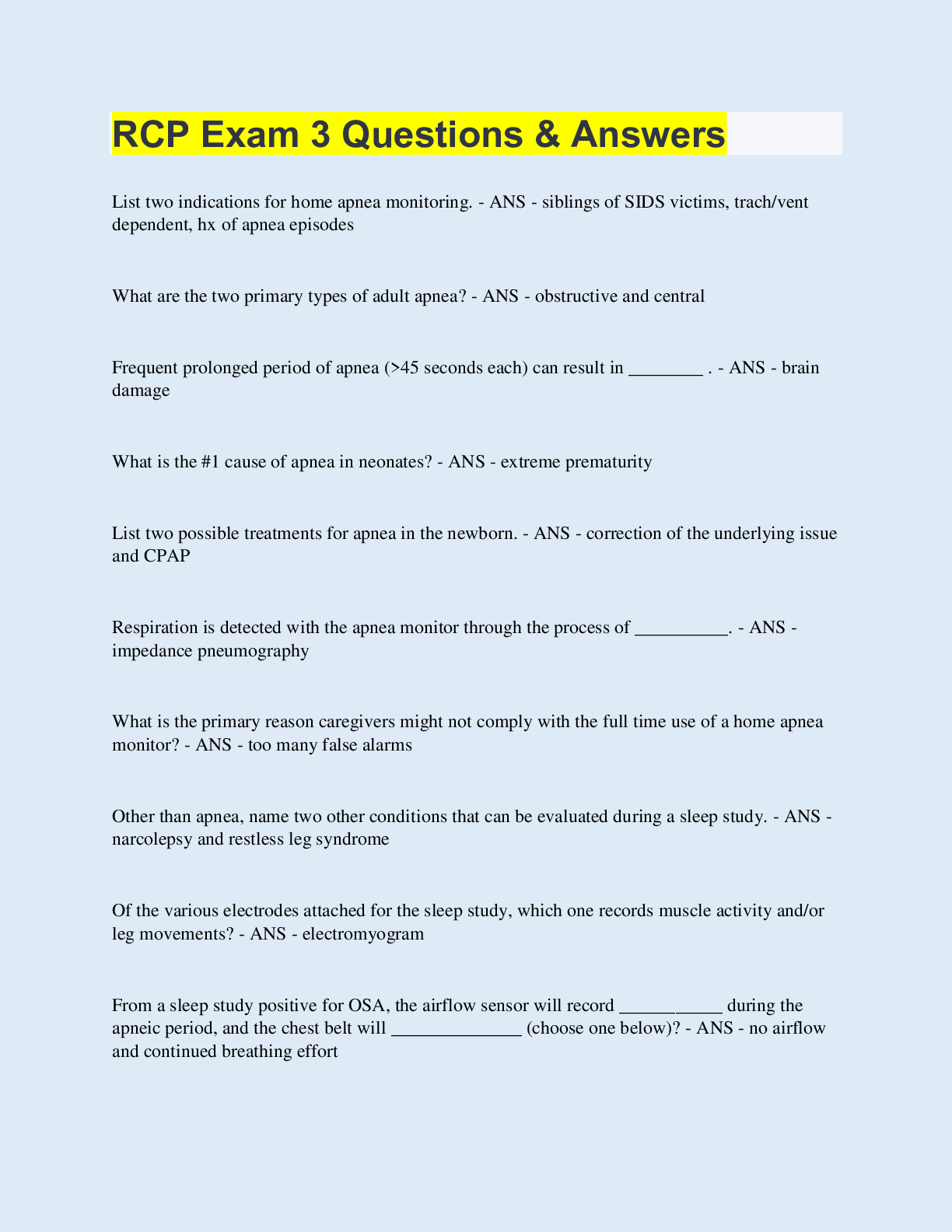 Preview image for RCP Exam 3 Questions & Answers | 55 Questions with 100% Correct Answers | Updated & Verified